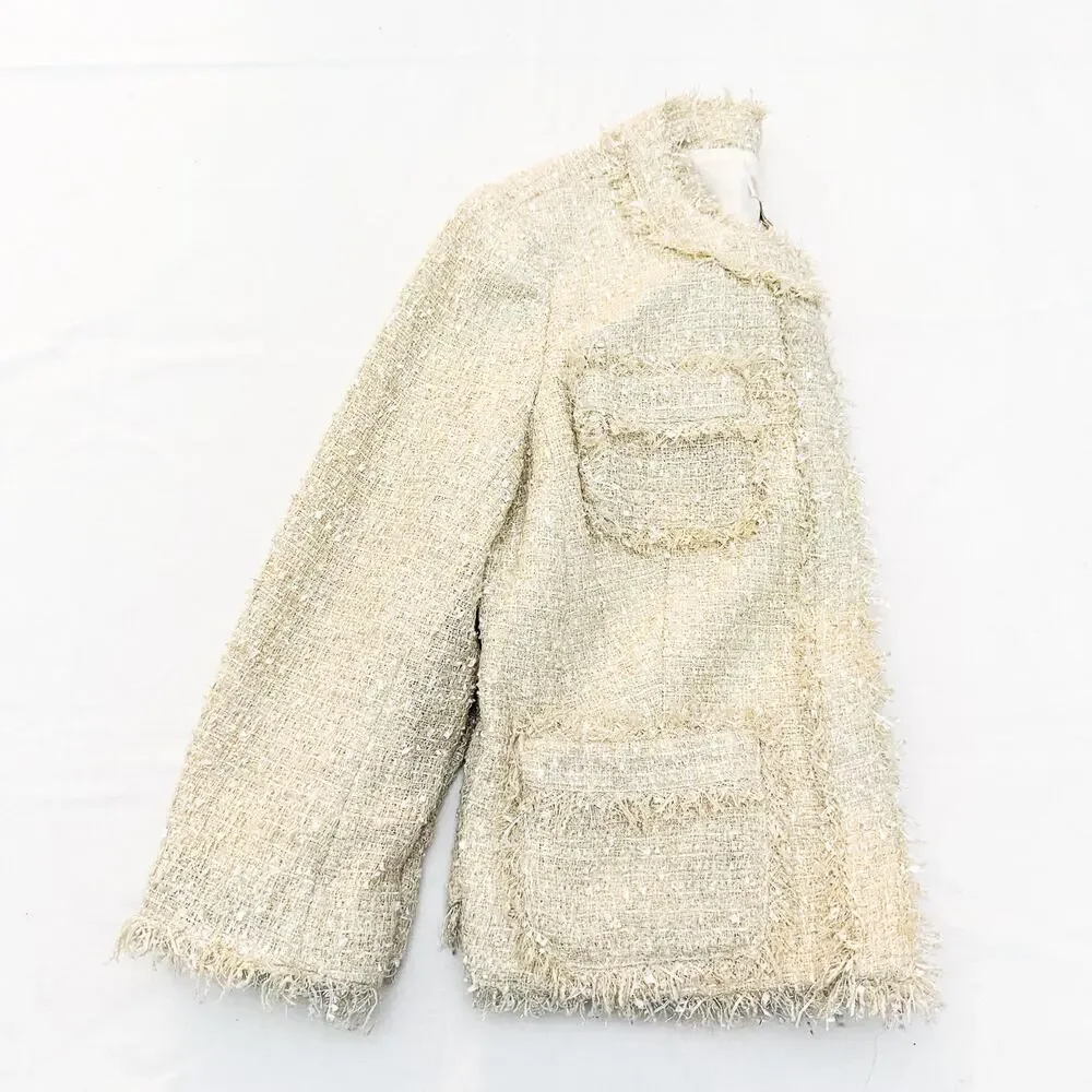 Michael Kors Woven Style Tweed Fringe Blazer Cream Gold Size Medium